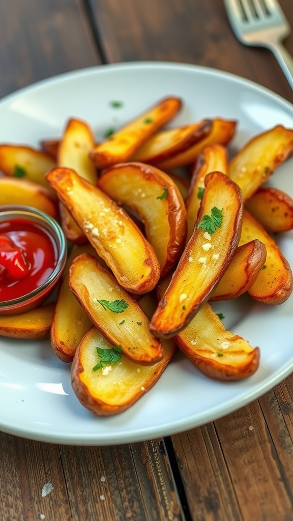 Crispy Oven-Baked Potato Wedges Recipe Crispy golden-brown potato wedges on a plate with ketchup for dipping.